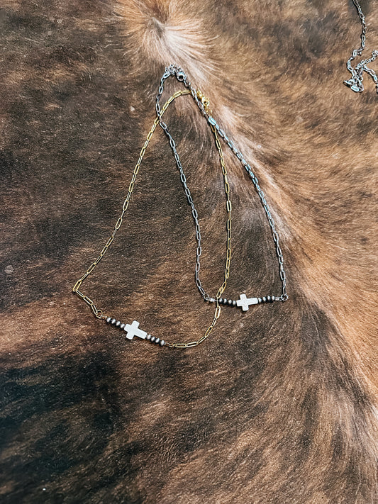 White Cross & Silver Pearl Necklace